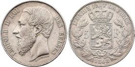 Belgium. Leopold II (1865-1909), 5 Francs 1868, Large head (Silver, 24.78 gr, 37 mm). Dupriez 1092, KM 25. Very Fine.