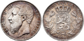 Belgium. Leopold II (1865-1909), 5 Francs 1868, Large head (Silver, 24.84 gr, 37 mm). Dupriez 1092, KM 25. Very Fine.