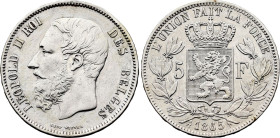 Belgium. Leopold II (1865-1909), 5 Francs 1865 (Silver, 24.59 gr, 37 mm). Dupriez 968, KM 24. Very Fine.