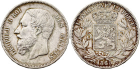 Belgium. Leopold II (1865-1909), 5 Francs 1865 (Silver, 24.91 gr, 37 mm). Dupriez 968, KM 24. Extremely Fine.