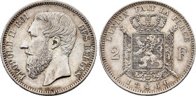 Belgium. Leopold II (1865-1909), 2 Francs 1866 (Silver, 10.00 gr, 27 mm). Dupriez 1036, KM 30. Extremely Fine.