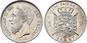 Belgium. Leopold II (1865-1909), 1 Franc 1867 (Silver, 5.00 gr, 23 mm). Dupriez 1083, KM 28. Uncirculated.