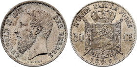 Belgium. Leopold II (1865-1909), 50 Centimes 1866 (Silver, 2.47 gr, 18 mm). Dupriez 1049, KM 26. Uncirculated.