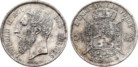 Belgium. Leopold II (1865-1909), 50 Centimes 1868 (Silver, 2.51 gr, 18 mm). Dupriez 1099, KM 26. Extremely Fine.