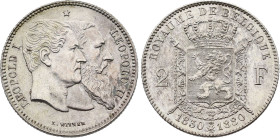 Belgium. Leopold II (1865-1909), 2 Francs 1880 (Silver, 10.00 gr, 27 mm). Dupriez 1219, KM 39. About Uncirculated.