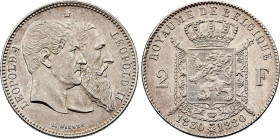 Belgium. Leopold II (1865-1909), 2 Francs 1880 (Silver, 10.00 gr, 27 mm). Dupriez 1219, KM 39. Uncirculated.