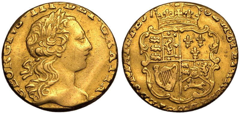 GREAT BRITAIN. George III, 1760-1820. 
Gold 1/4 Guinea, 1762. London. 
Laureat...