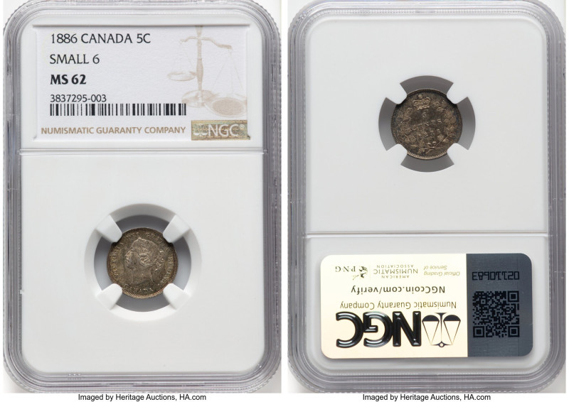 Victoria "Small 6" 5 Cents 1886 MS62 NGC, London mint, KM2. Deep rainbow patinat...