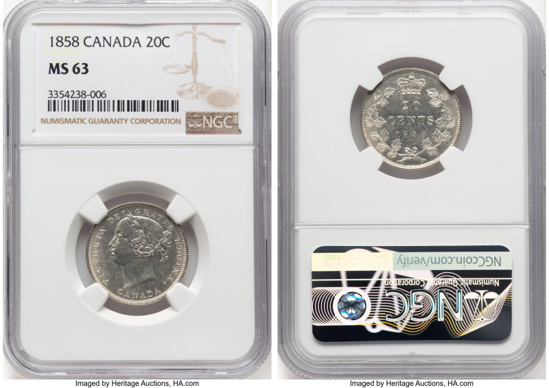 Victoria 20 Cents 1858 MS63 NGC, London mint, KM4. One-year type in fantastic qu...