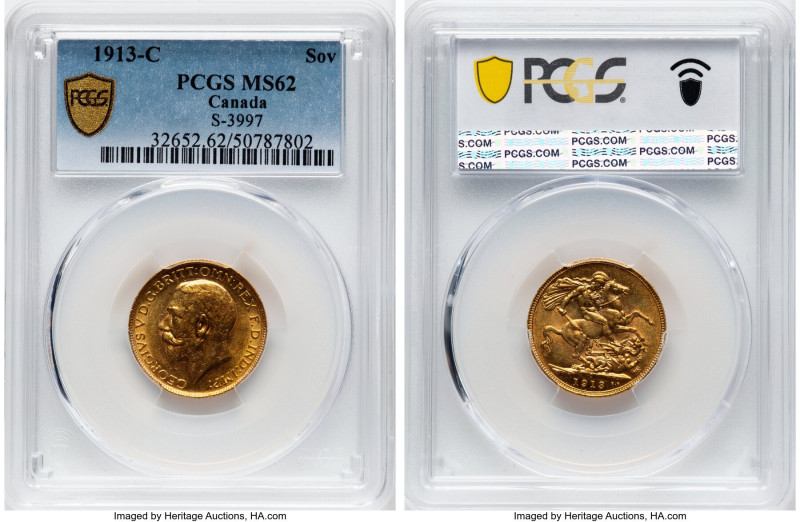 George V gold Sovereign 1913-C MS62 PCGS, Ottawa mint, KM20, S-3997. A highly de...