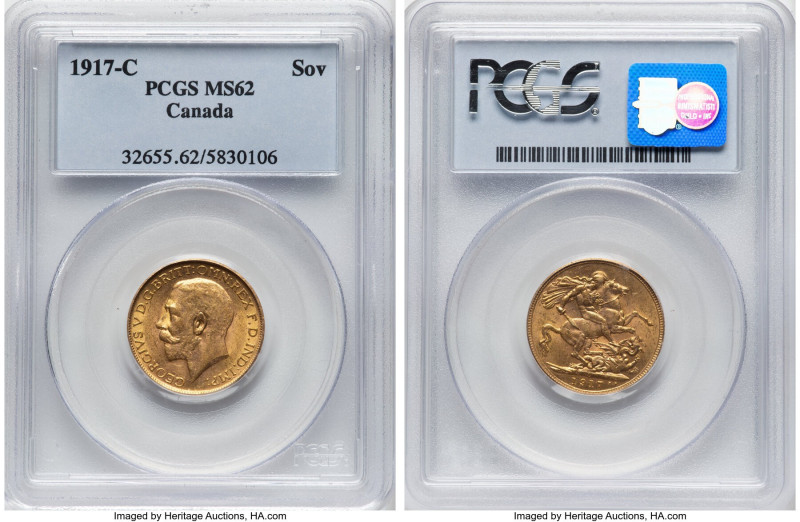 George V gold Sovereign 1917-C MS62 PCGS, Ottawa mint, KM20, S-3997. HID09801242...