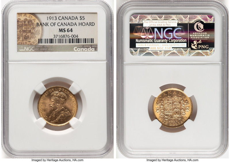 George V gold 5 Dollars 1913 MS64 NGC, Ottawa mint, KM26. Highest grade availabl...