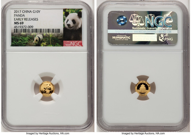 People's Republic gold "Panda" 10 Yuan (1gm) 2017 MS69 NGC, Early Releases. HID0...