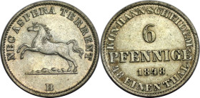 Altdeutsche Münzen und Medaillen, BRAUNSCHWEIG - CALENBERG - HANNOVER. Ernst August (1837-1851). 6 Pfennig 1848 B. KM 205. Stempelglanz. Patina