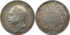 Altdeutsche Münzen und Medaillen, NASSAU. Adolph (1839-1866). Vereinstaler 1864, Wiesbaden. Auf das 25. Regierungsjubiläum. Silber. 18,53 g. Dav. 750,...