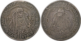 Altdeutsche Münzen und Medaillen, SACHSEN - ALT - WEIMAR. Friedrich Wilhelm und Johann (1573-1603). 1/2 Taler 1582, Saalfeld. Silber. 14.20 g. Röblitz...
