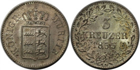 Altdeutsche Münzen und Medaillen, WÜRTTEMBERG. 3 Kreuzer 1855. Billon. KM 591, AKS 106. Fast Stempelglanz