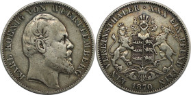 Altdeutsche Münzen und Medaillen, WÜRTTEMBERG. Karl I. (1864-1891). Vereinstaler 1870. Silber. AKS 126, J.85. Sehr schön. Patina