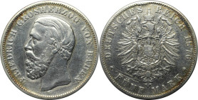 Deutsche Münzen und Medaillen ab 1871, REICHSSILBERMÜNZEN, Baden. Friedrich I. (1856-1907). 5 Mark 1876 G, Silber. Jaeger 27. Schön. Kratzer