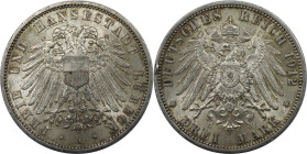 Deutsche Münzen und Medaillen ab 1871, REICHSSILBERMÜNZEN, Lübeck. Freie und Hansestadt Lübeck. 3 Mark 1912 A. Silber. Jaeger 82. Sehr Schön-Vorzüglic...