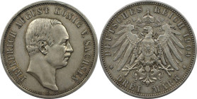 Deutsche Münzen und Medaillen ab 1871, REICHSSILBERMÜNZEN, Sachsen. Friedrich August III. (1904-1918). 3 Mark 1909 E, Silber. Jaeger 135. Sehr Schön...
