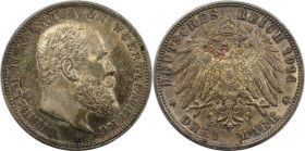 Deutsche Münzen und Medaillen ab 1871, REICHSSILBERMÜNZEN, Württemberg. Wilhelm II. (1891-1918). 3 Mark 1914 F. Silber. Jaeger 175. Fast Stempelglanz....