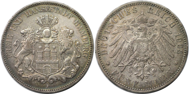 Deutsche Münzen und Medaillen ab 1871, REICHSSILBERMÜNZEN, Hamburg. 5 Mark 1903 ...