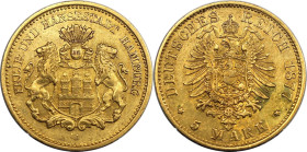 Deutsche Münzen und Medaillen ab 1871, REICHSGOLDMÜNZEN, Hamburg, Hansestadt. 5 Mark 1877 J, Hamburg. Gold. 1,94 g. Jaeger 208, Fr. 3872. Fast Vorzügl...