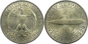 Deutsche Münzen und Medaillen ab 1871, WEIMARER REPUBLIK. 3 Reichsmark 1930 A, Luftschiff Graf Zeppelin fliegt um die Welt. ( August-September 1929). ...