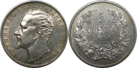 Europäische Münzen und Medaillen, Bulgarien / Bulgaria. Ferdinand I. (1887-1918). 5 Leva 1894 KB, Kremnitz. Silber. KM 18. Sehr schön-vorzüglich. Krat...