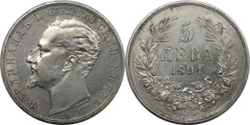 Europäische Münzen und Medaillen, Bulgarien / Bulgaria. Ferdinand I. (1887-1918). 5 Leva 1894 KB, Kremnitz. Silber. KM 18. Fast Vorzüglich. Vs.: Graff...