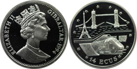 Europäische Münzen und Medaillen, Gibraltar. Eisenbahntunnel Frankreich-England - Le Shuttel-Zug. 14 Ecus 1994. 10,0 g. 0.925 Silber. 0.3 OZ. KM 485. ...