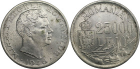 Europäische Münzen und Medaillen, Rumänien / Romania. Mihael I. 25000 Lei 1946. 12,5 g. 0.700 Silber. 0.28 OZ. KM 70. Stempelglanz. Kl.Flecken