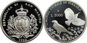 Europäische Münzen und Medaillen, San Marino. Tierwelt in Gefahr - Falke und Mauerläufer. 1000 Lire 1993. 14,6 g. 0.835 Silber. 0.39 OZ. KM 292. Polie...