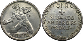 Europäische Münzen und Medaillen, Schweiz / Switzerland. 500 Jahre Schlacht bei St. Jakob. 5 Franken 1944 B. 15,0 g. 0.835 Silber. 0.40 OZ. KM 45. Ste...