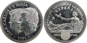 Europäische Münzen und Medaillen, Spanien / Spain. Juan Carlos (1975-2014) – Abschied von der Peseta. 2000 Pesetas 2001. 18,0 g. 0.925 Silber. 0.54 OZ...