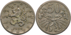 Europäische Münzen und Medaillen, Tschechoslowakei / Czechoslovakia. 50 Heller 1926. Kupfer-Nickel. KM 2. Sehr schön-vorzüglich. Selten!
