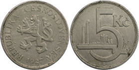 Europäische Münzen und Medaillen, Tschechoslowakei / Czechoslovakia. 5 Kronen 1927. Kupfer-Nickel. KM 10. Sehr schön-vorzüglich. Selten!