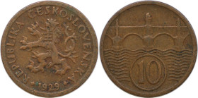 Europäische Münzen und Medaillen, Tschechoslowakei / Czechoslovakia. 10 Heller 1929. Bronze. KM 3. Fast Vorzüglich. Selten!