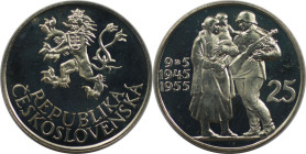 Europäische Münzen und Medaillen, Tschechoslowakei / Czechoslovakia. 10 Jahre Befreiung. 25 Kronen 1955. 16,0 g. 0.500 Silber. 0.26 OZ. KM 43. Poliert...