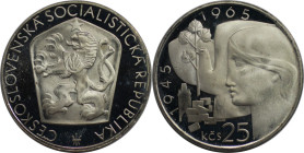 Europäische Münzen und Medaillen, Tschechoslowakei / Czechoslovakia. "20 Jahre Befreiung". 25 Kronen 1965. 16,0 g. 0.500 Silber. 0.26 OZ. KM 59. Polie...