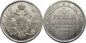 Russische Münzen und Medaillen, Nikolaus I. (1826-1855). 3 Rubel 1836 SPB, St. Petersburg. Platin. 10,27 g. KM C177, Bitkin 82 (R). Sehr schön-vorzügl...
