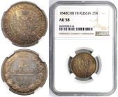 Russische Münzen und Medaillen, Nikolaus I. (1826-1855). 25 Kopeken 1848 SPB NI. Silber. Bitkin 295-296. NGC AU 58