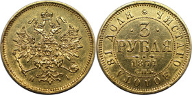 Russische Münzen und Medaillen, Alexander II. (1854-1881). 3 Rubel 1871 SPB NI. Gold. 3,89 g. Bitkin 33 (R). Vorzüglich+. Geprägt nur 200 003 Stück. S...