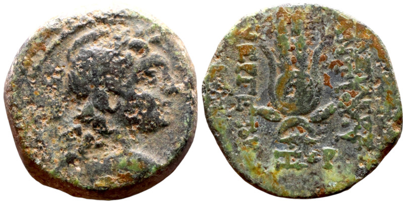 Antiochos VII (Seleukid King: 138-129 BC). AE bronze. Obv.: Bust of winged Eros ...