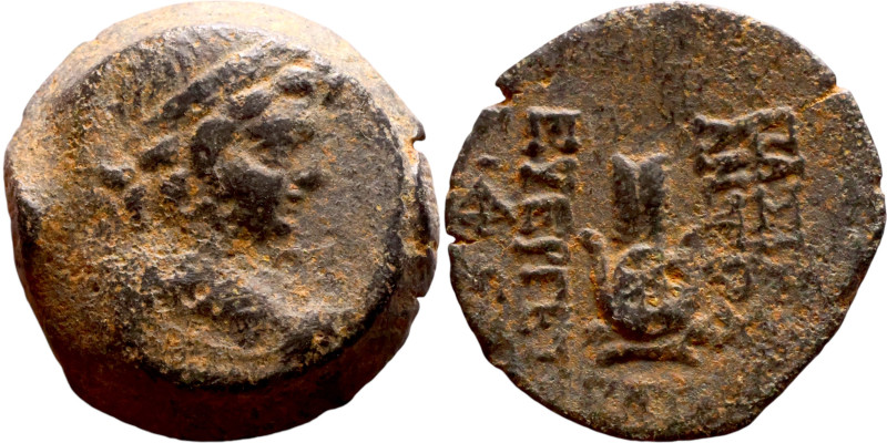 Antiochos VII (Seleukid King: 138-129 BC). AE bronze. Obv.: Bust of winged Eros ...