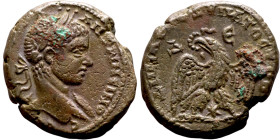 Elagabalus (218-222) Syria: Antioch, Tetradrachm. Obverse: Bust of emperor. Reverse: ΔHMAPX Є-ΞOYCIAC, eagle standing left, head right, wreath in beak...