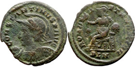 Constatine I (306-337) Follis. Obverse: CONSTANTINVS AVG, helmeted, cuirassed bust right. / ROMAE AETERNAE, Roma seated, holding shield

24mm 3.32g