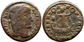 Constantine I (327 AD). Follis. Obv.: CONSTANTINVS MAX AVG; laureate head right. Rev.: LIBERTAS PVBLICA; Victory standing left on galley, wreath in bo...