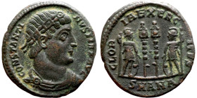 Constantinus I (307-337) Follis. Obverse: CONSTANTI-NVS MAX AVG, diademed, draped, cuirassed bust right. Reverse: GLORIA EXERCITVS, two Soldiers stand...